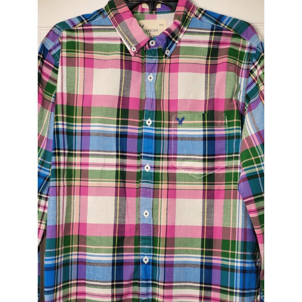 American Eagle Shirt Mens Large Green Blue Plaid Check Classic Fit Button Down - Picture 10 of 12
